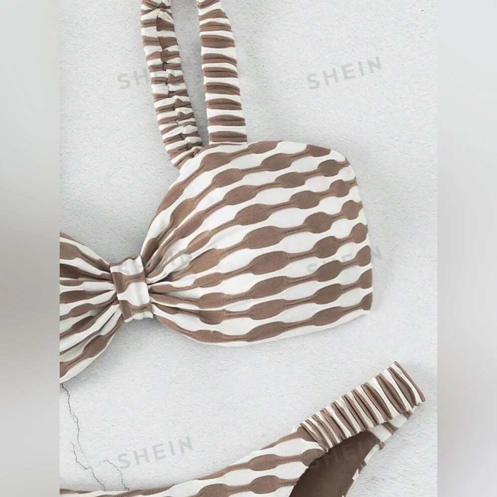 NWT Tan & White Knot Front Bikini Set